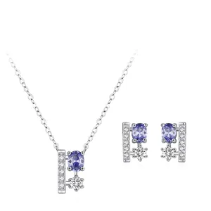 925 Sterlingsilber Blauviolett Zirkonia Schmuckset Minimalistisch Geometrisch Lang Anhänger Halskette Und Ohrstecker Für Damen