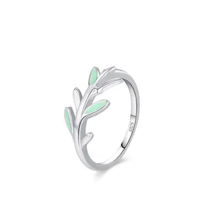 925 Sterling Silver Enamel Branch Leaf Ring For Women Green Drip Glue Plant Jewelry Temperament Fresh Style Finger Ring Gift