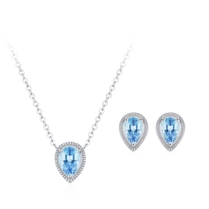 925 silver jewelry set with blue pear-cut teardrop pendants for necklace and earrings