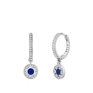 925 Sterling Silver Star Pendant Earrings For Women Blue Enamel Zirconia Inlaid Hoop Dangle Earrings Elegant Fashion Jewelry