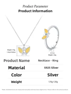 Vue macro de la parure papillon en argent 925 avec émail jaune et dimensions