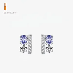 925 Sterling Silver Purple Flower Stud Earrings For Women Geometric Zirconia Inlaid Simple Fashion Jewelry Earrings Birthday Gift
