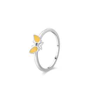 Bague Papillon en Argent Sterling 925 pour Femme Papillon en Émail Jaune Minimaliste Bague de Doigt Petit Bijou Frais Cadeau