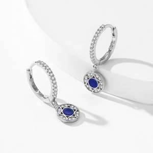 925 silver star hoop earrings with blue enamel pendant and sparkling zircons
