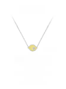 Macro detail of 925 sterling silver lemon pendant with yellow enamel and sparkling zircon
