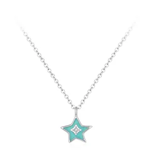 925 Sterling Silver Star Pendant Necklace For Women Blue Green Enamel Lucky Star Rhinestone Inlaid Link Chain Fashion Jewelry