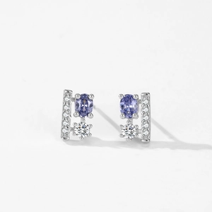S925 sterling silver geometric flower earrings with purple stones and pavé diamonds