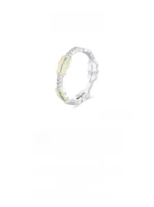 Detail of S925 silver wave ring featuring yellow enamel inlay and micro-set zircons