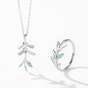 Forest style S925 sterling silver sprout leaf necklace and ring jewelry set for women
