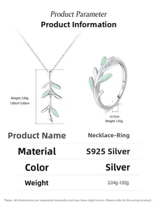 Detailed view of S925 silver necklace and ring set with green leaf enamel design