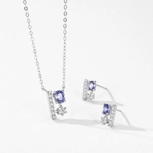 S925 sterling silver jewelry set featuring purple flower studs and pendant necklace
