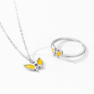 Parure bijoux en argent 925 avec collier papillon émail jaune et bague réglable