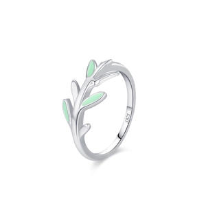 925 silver ring featuring olive branch design with green enamel leaves on white background
