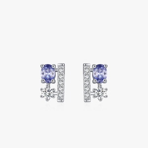 Elegant S925 sterling silver stud earrings featuring purple oval gemstones and pavé crystals
