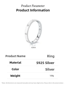 Detailed specs of S925 silver ring featuring round cut zircons and 0.25cm width