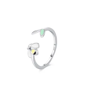 925 Sterling Silver Bee Open Ring For Women Adjustable Enamel Honey Bee Green Leaf Simple Cute Animal Pastoral Style Jewelry Gift