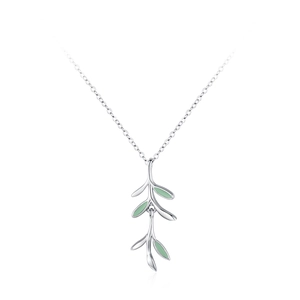 Minimalist 925 sterling silver necklace with green enamel olive leaf pendant on white background