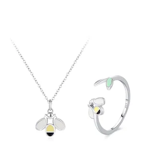 Ensemble de Bijoux en Argent Sterling 925 Abeille Émaillée Avec Collier Délicat et Bague Ouverte Réglable pour Femme