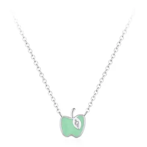 925 Sterling Silver Enamel Green Apple Pendant Necklace For Women Dainty Rhinestone Fruit Jewelry Sweet Clavicle Chain