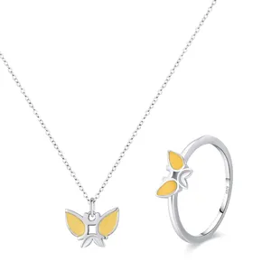 Parure de Bijoux Papillon en Argent Sterling 925 pour Femme Collier Pendentif Papillon en Émail Jaune et Bague Ouverte Accessoire de Mode
