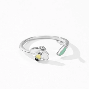 925 sterling silver open ring with cute enamel bee and green leaf asymmetric design