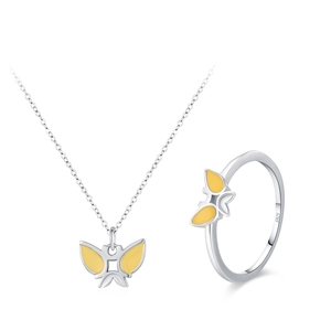 Parure bijoux en argent 925 avec collier pendentif papillon jaune et bague ouverte assortie