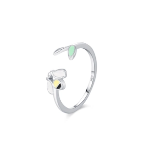 925 Sterling Silver open ring featuring a colorful enamel bee and green leaf design