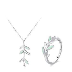 925 Sterling Silver Forest Leaf Necklace And Ring Jewelry Set Small Fresh Green Enamel Sprout Branch Jewelry For Women