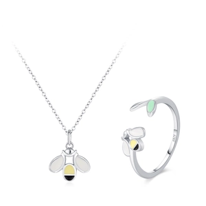 Parure abeille mignonne en argent 925 avec collier en émail et bague ajustable