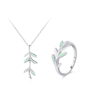 S925 sterling silver jewelry set featuring delicate green leaf necklace and matching ring