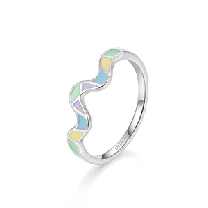925 Sterling Silver Wave Ring For Women Rainbow Enamel Minimalist Dopamine Color Stackable Fashion Jewelry Finger Ring