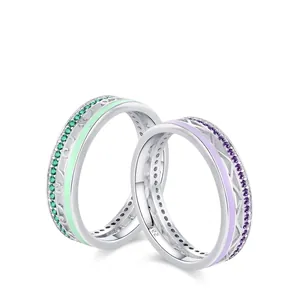 Anello in Argento Sterling 925 Smaltato per Donna Squisito Design Traforato Con Intarsio di Strass Anello Verde Viola Gioielli Moda Regalo