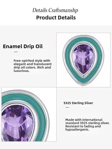 Detailed view of S925 silver earring with purple pear-cut gem and teal enamel finish