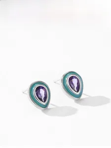 Detail of teardrop stud earring with purple crystal and teal enamel in silver