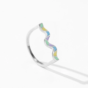 925 sterling silver rainbow enamel wave ring with colorful geometric pastel finish