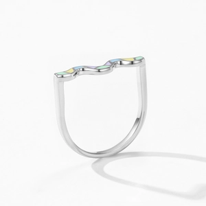 Minimalist 925 silver wavy ring with colorful rainbow enamel pastel line design