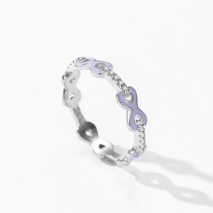 Bague élégante en argent S925 avec cœurs en émail violet et symboles d'infinité
