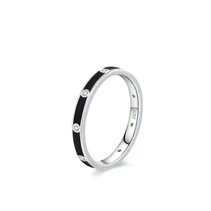 Bague Exquise en Argent Sterling 925 pour Femme Avec Strass Émail Noir Géométrique Style Punk Bague d'Index Bijoux de Mode