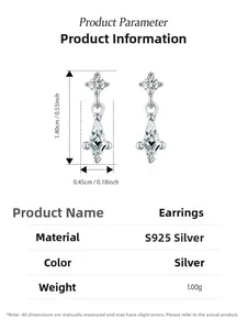 Detailed view of silver drop earrings with rhombic zircon stones and dimensions