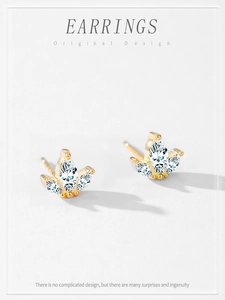 Detailed macro view of S925 silver golden crown stud earrings with zircon inlay