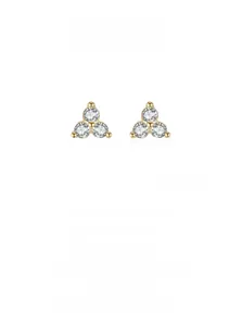 Macro view of gold 925 sterling silver stud earrings with three-stone triangle zircons