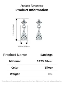 Detail view of 925 silver teardrop earrings with dimensions 1.22cm by 0.35cm and 0.96g weight