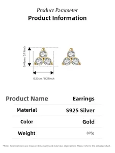 Detailed view of gold plated 925 silver triangle stud earrings with white cubic zirconia