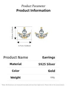 Detailed specs of S925 sterling silver golden crown earrings with zirconia stones