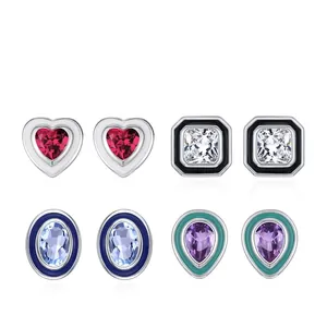 925 Sterling Silver Enamel Contrast Color Stud Earrings For Women Elegant Heart Geometry Zirconia Inlaid Daily Fashion Jewelry