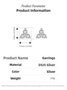 Detailed size chart of S925 silver stud earrings featuring three zircon stones