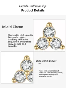 Macro detail of S925 sterling silver triangle stud earring with 5A grade cubic zirconia