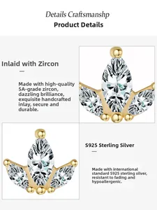 Detail of S925 sterling silver golden crown earring featuring hand-set 5A cubic zirconia