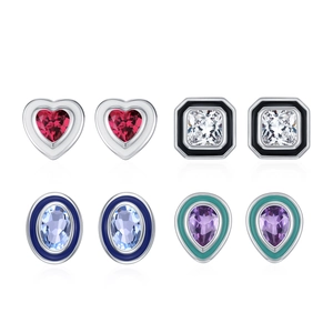925 silver stud earring set with colorful enamel heart and geometric crystal designs