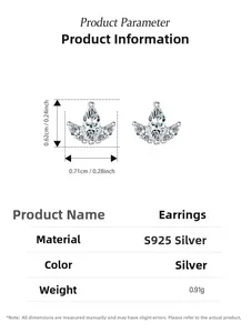 Detailed size parameters of crown-shaped S925 sterling silver stud earrings with marquise stones